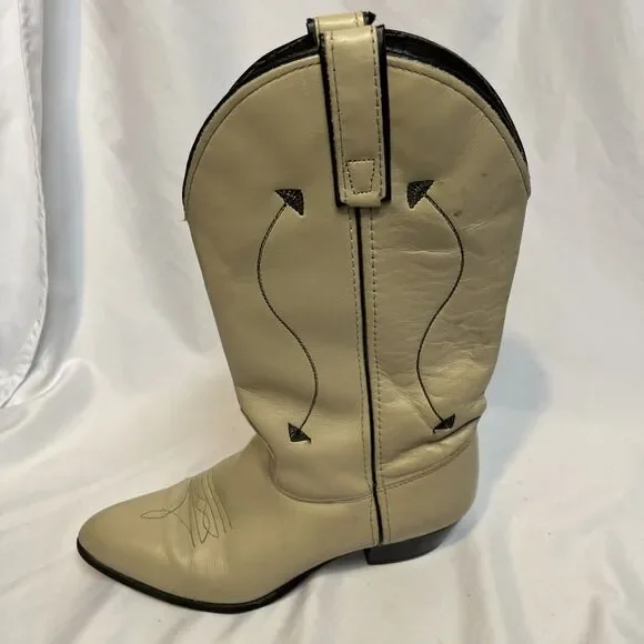 Capezio Cowboy Boots Leather Vintage 1970's Cream with Black Arrow Size 7.5 - Picture 4 of 14